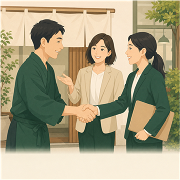 紹介者を通じて研修について相談する経営者のイラスト