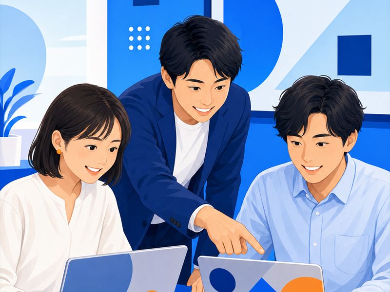 講師と参加者が一緒にパソコンを操作する研修のイラスト