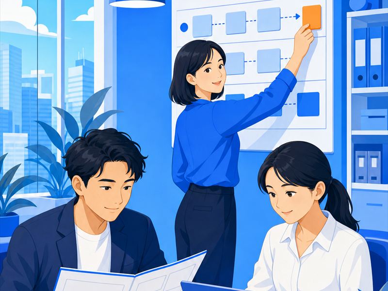 研修内容を職場に定着させるために手順を共有するイラスト