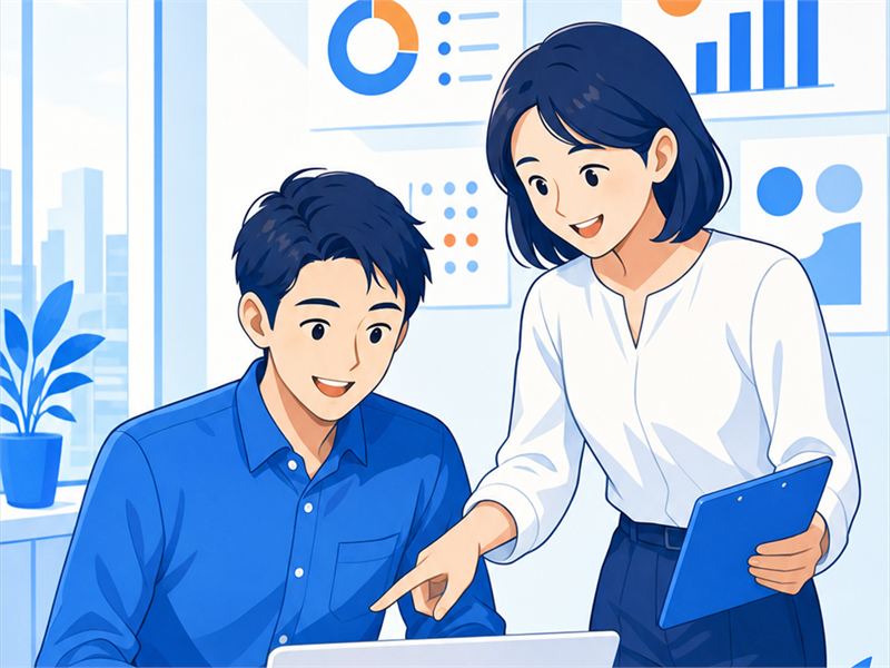 中小企業の職場で講師と社員がデータ活用に取り組むイラスト