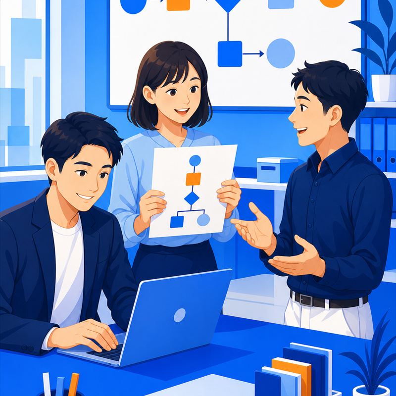 研修後も社員が手順を共有して業務を進めるイラスト
