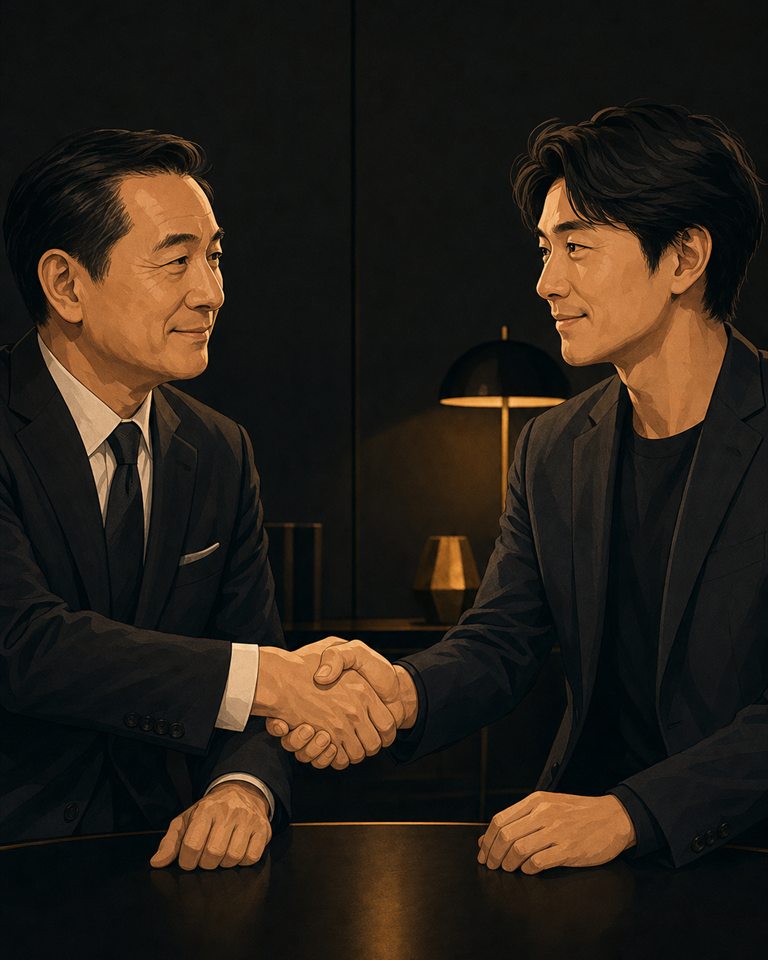 落ち着いた表情で握手を交わす社長と講師の暗色イラスト