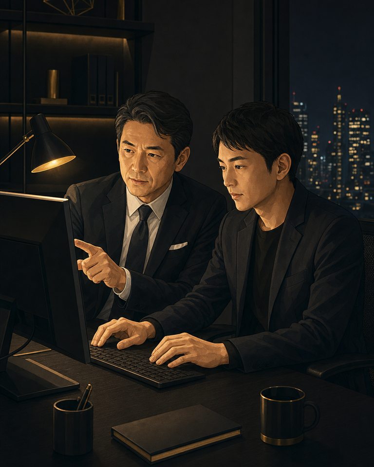 夜のオフィスで社長と講師が真剣に画面を見る暗色イラスト