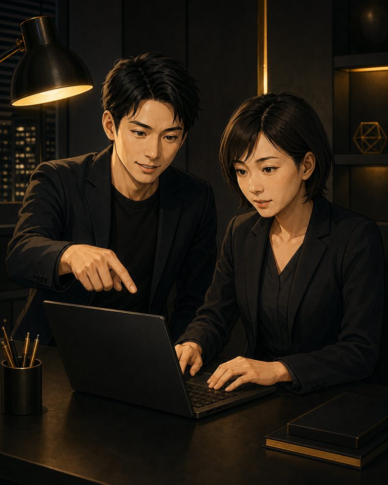 講師と参加者が並んでパソコンを操作する暗色イラスト