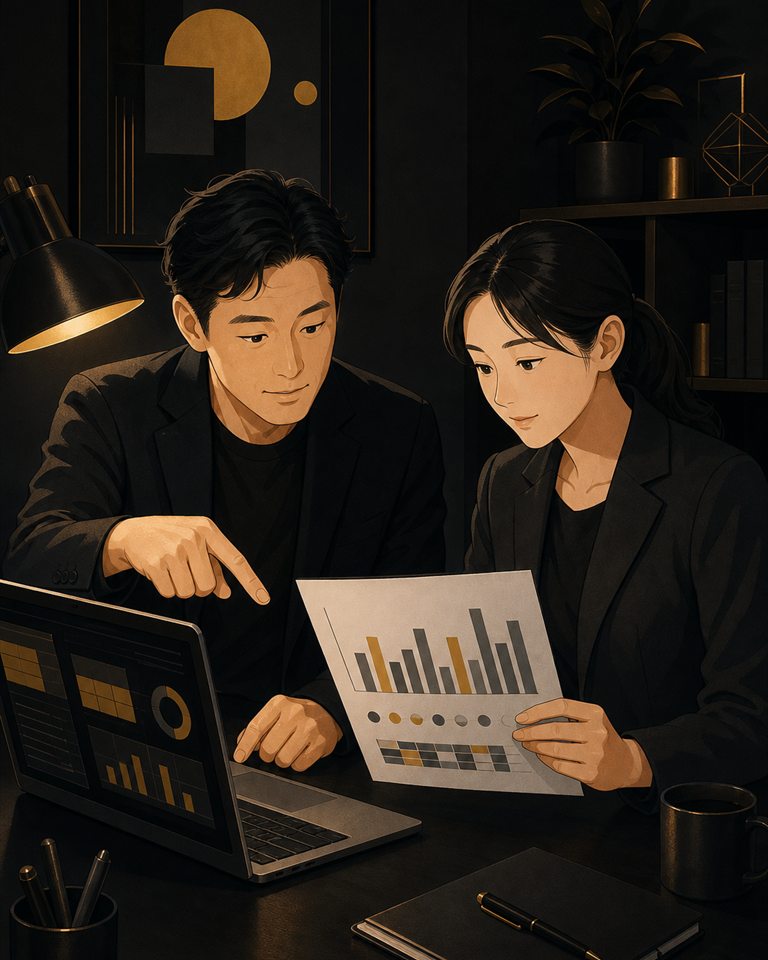 自社の実データとグラフを一緒に確認する暗色イラスト
