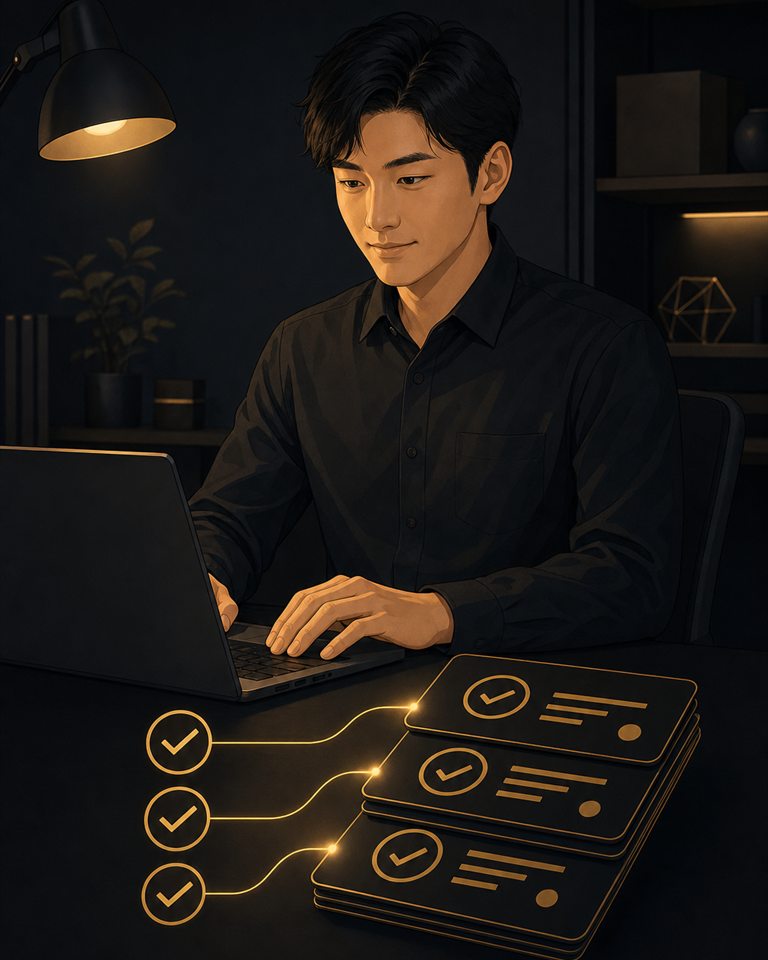 手順を確認しながら自分でパソコンを操作する暗色イラスト