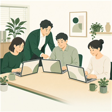 講師と参加者がパソコンを使って実習するイラスト