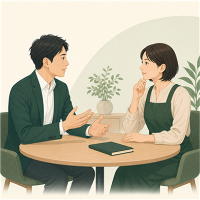 研修前に業務の流れと困りごとを聞くイラスト