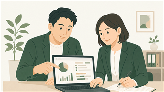 中小企業の職場で講師と社員がデータ活用に取り組むイラスト