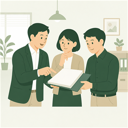 研修で学んだ作業手順を社内で共有するイラスト