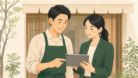 中小企業の職場で講師と社員がデータ活用に取り組むイラスト