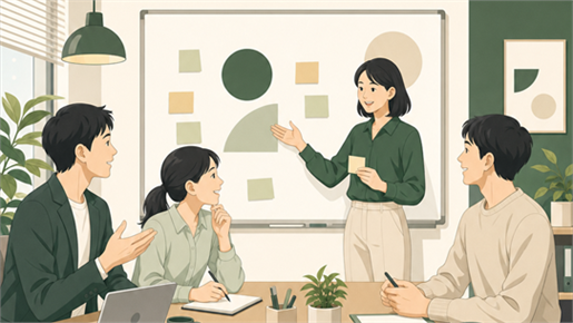 中小企業の職場で講師と社員がデータ活用に取り組むイラスト