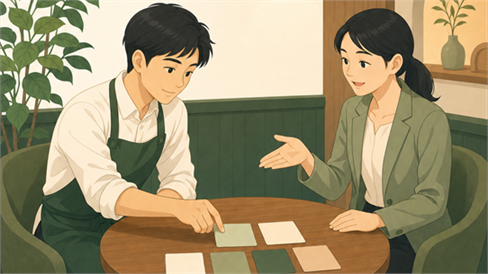 中小企業の職場で講師と社員がデータ活用に取り組むイラスト